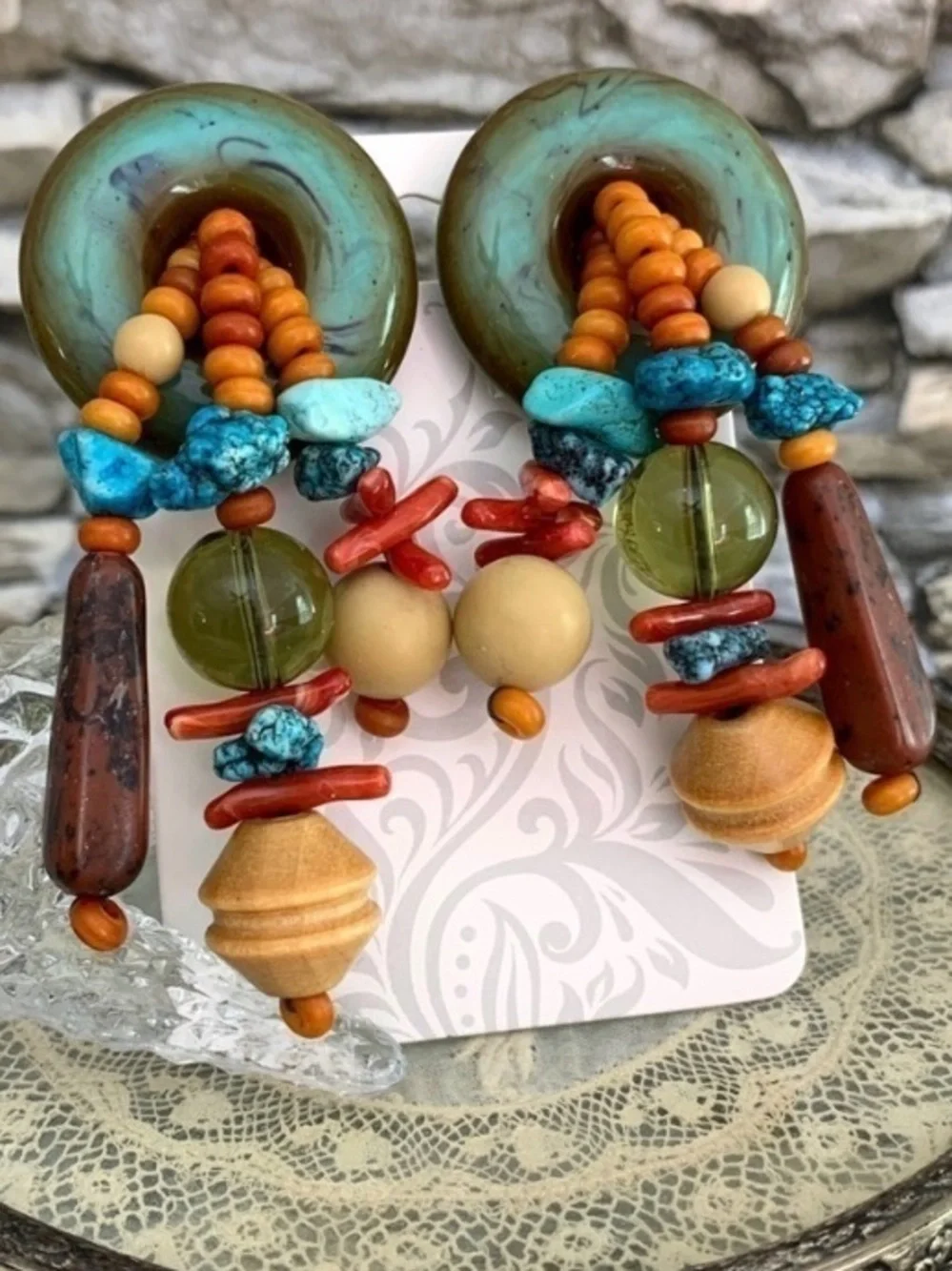Vintage Runway Les Bernard Signed Turquoise Coral Disc Beads Statement Earrings